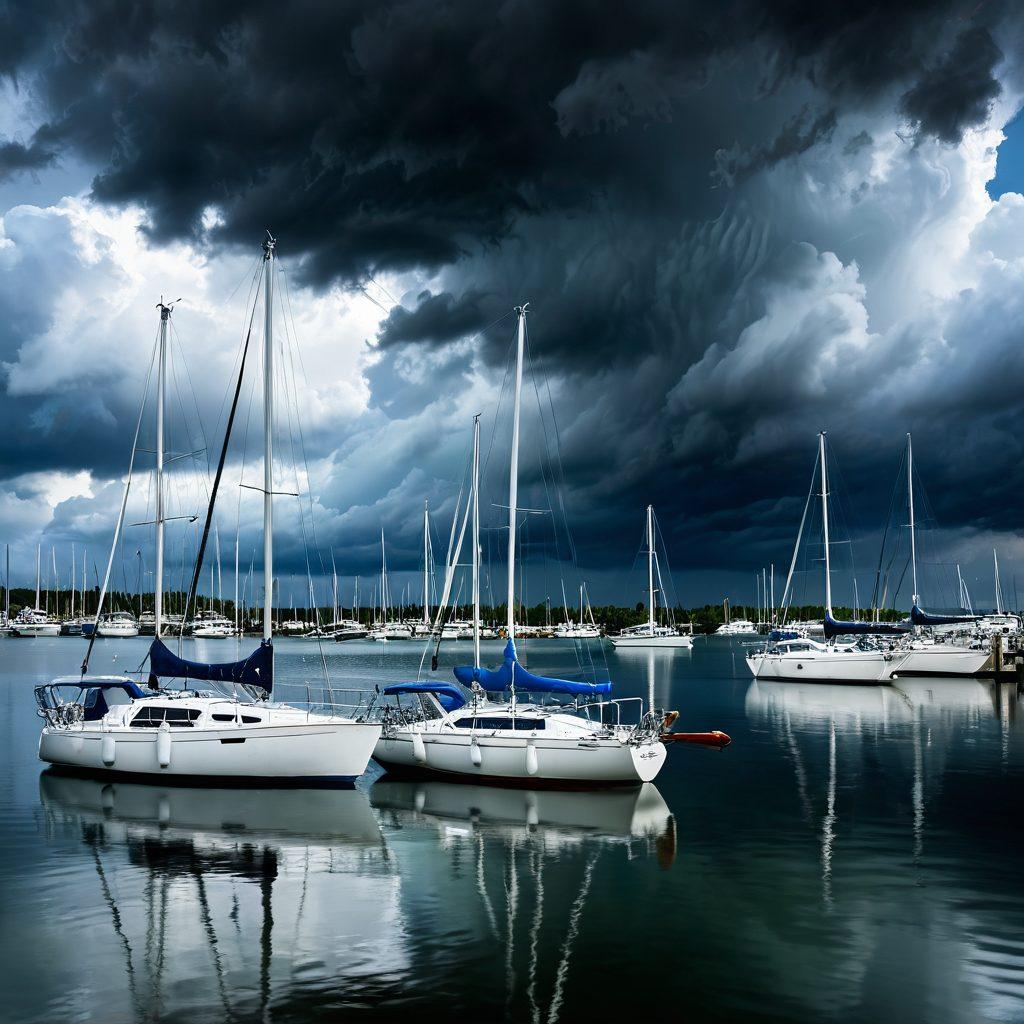 A serene marina with sailboats gently swaying, while storm clouds loom in the distance, creating a contrast between calmness and impending chaos. Include a focus on a detailed boat policy document lying on a table, with a compass and navigational tools nearby. Vibrant colors to highlight the sailboats, with a hint of gray in the storm clouds to represent the caution of stormy weather. super-realistic. vibrant colors. white background.