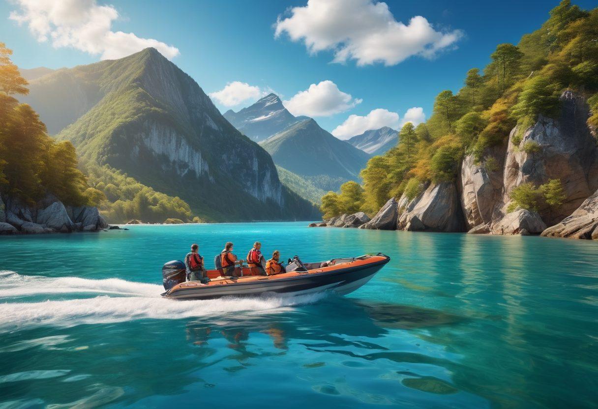 A serene waterscape featuring a diverse array of boats and watercraft gliding smoothly over calm blue waters. In the foreground, a family is enjoying a safe day on a well-protected boat, showcasing life jackets and safety gear. The background features a sunny sky with fluffy clouds and distant hills, symbolizing adventure and security on the water. Include a subtle hint of insurance documents or a shield icon to represent coverage options. super-realistic. vibrant colors. 3D.